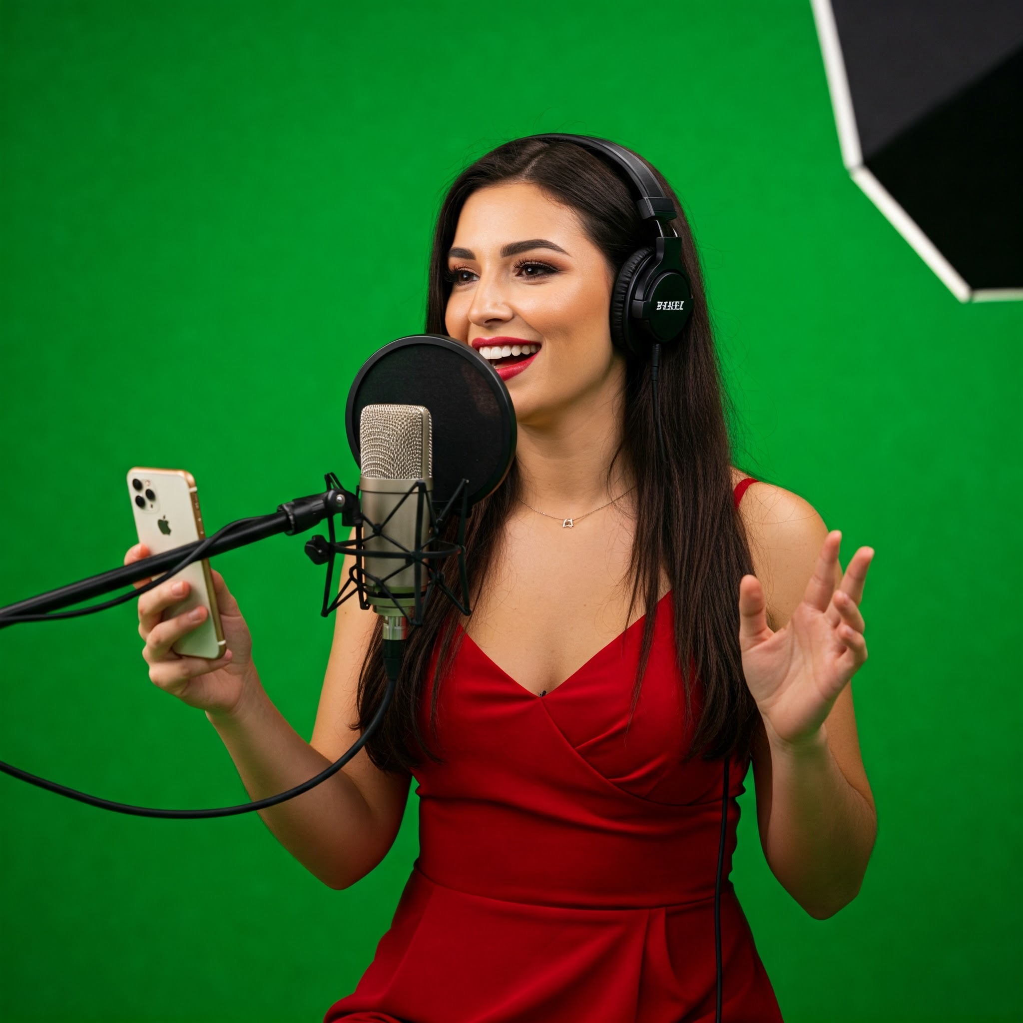 photo of Woman with Headphones and Phone on Green Screen